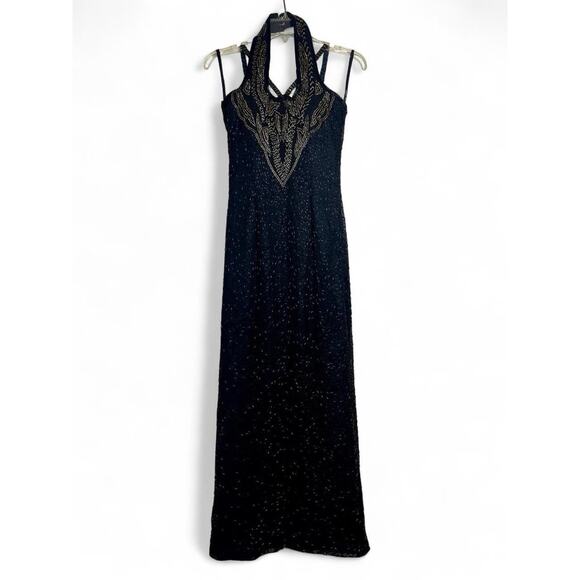 100% Silk Beaded Formal Halter Dress Size XS Statement Dress Glam Luxe - Picture 2 of 14